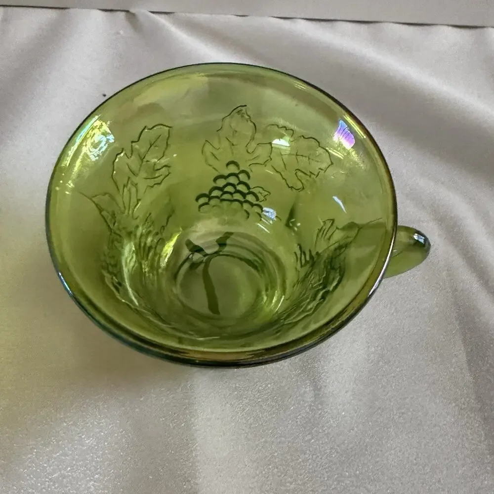 Vtg Indiana Glass Lime Green Carnival Glass Harvest Grape 6 Pc Snack Set 4 Plt 2